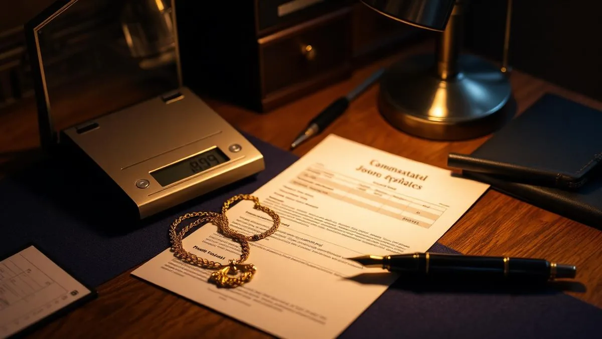 Appraisal document, loupe and precision scale on a jeweler's desk