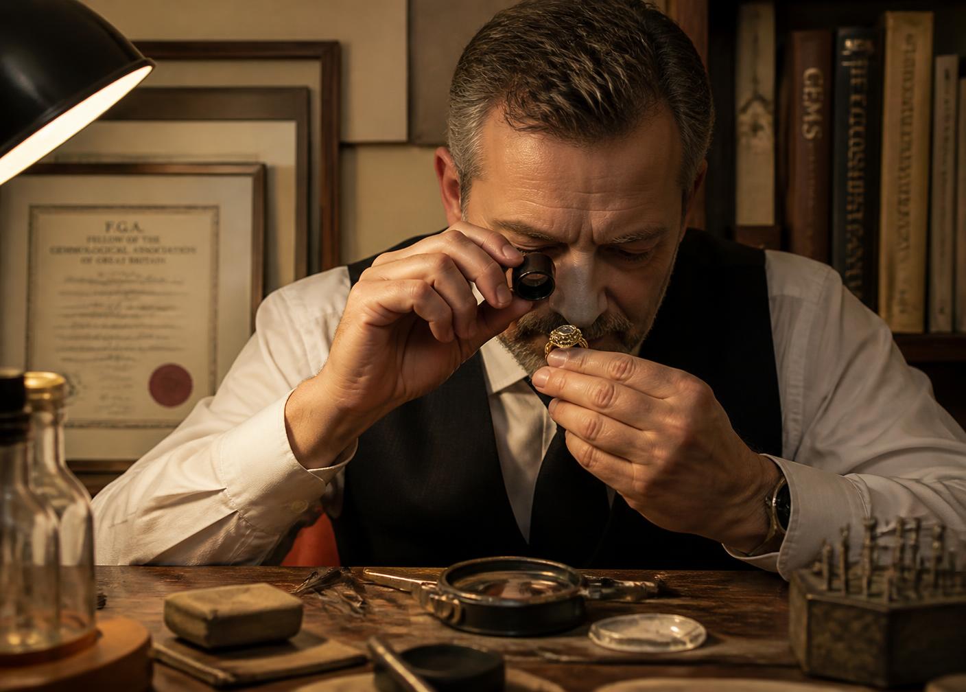 Goldsmith working on a gold ring at an atelier bench
