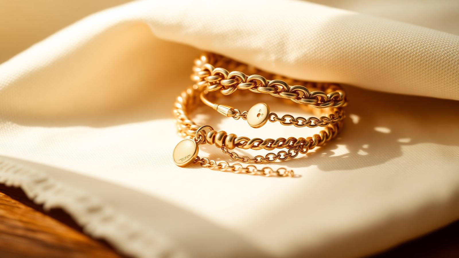 Vintage yellow gold curb, charm and fine link bracelets on warm cream linen