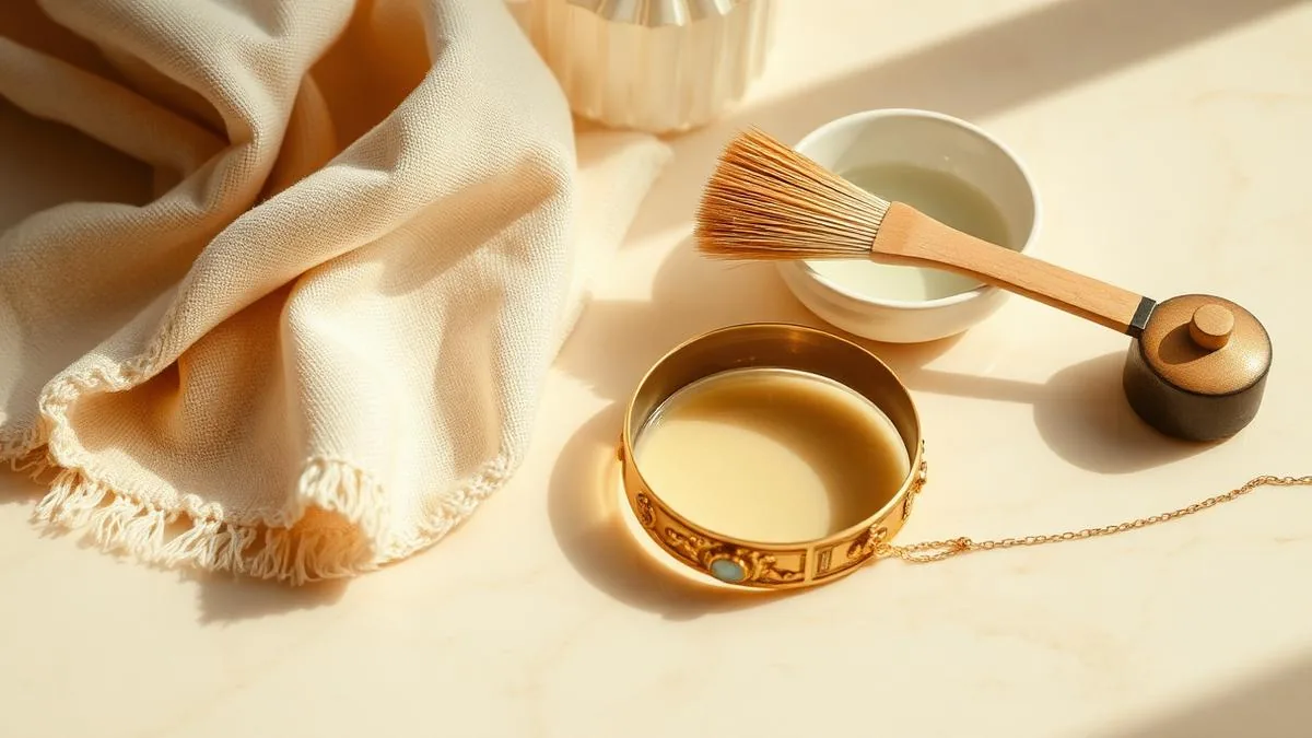 Polishing cloth, soft brush and a gold vintage bracelet on warm marble
