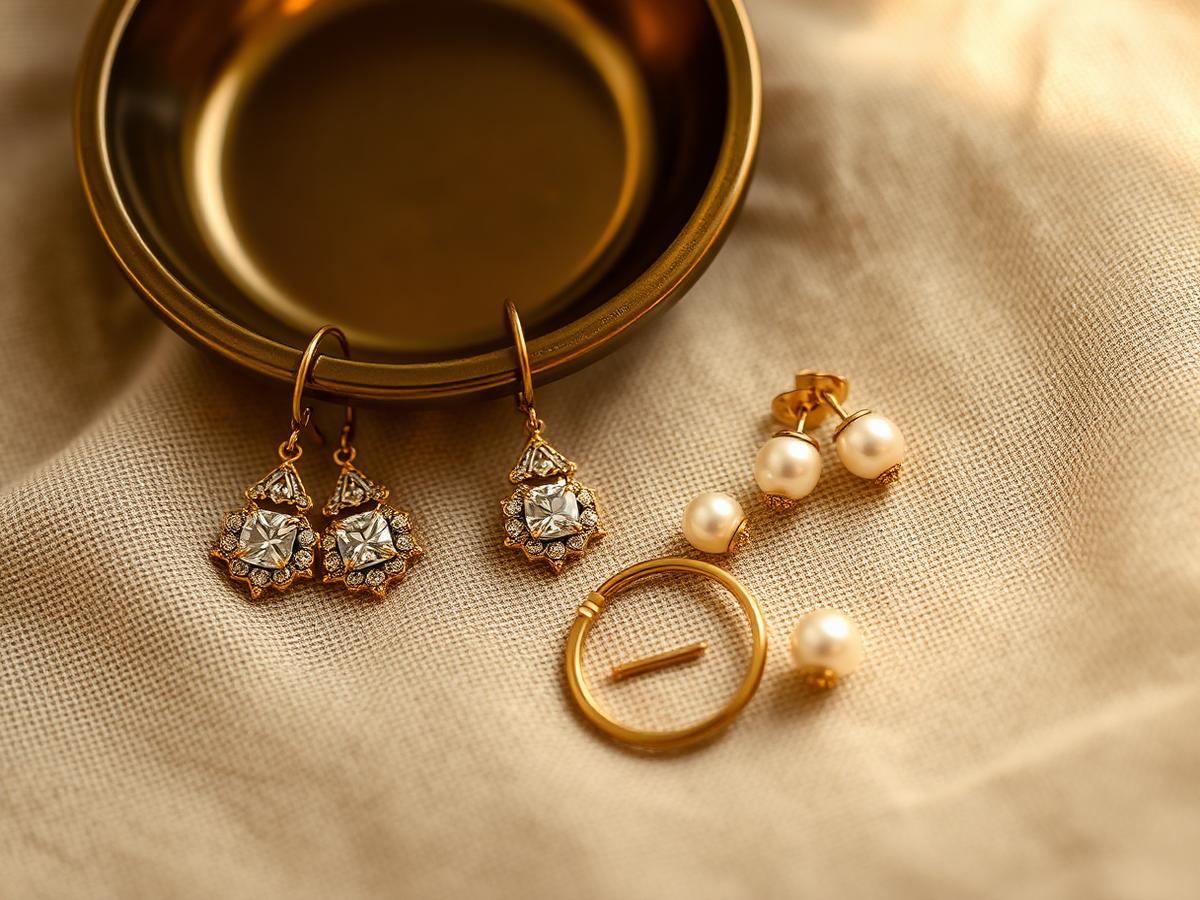 Antique gold drop earrings, hoops and pearl studs beside a brass dish