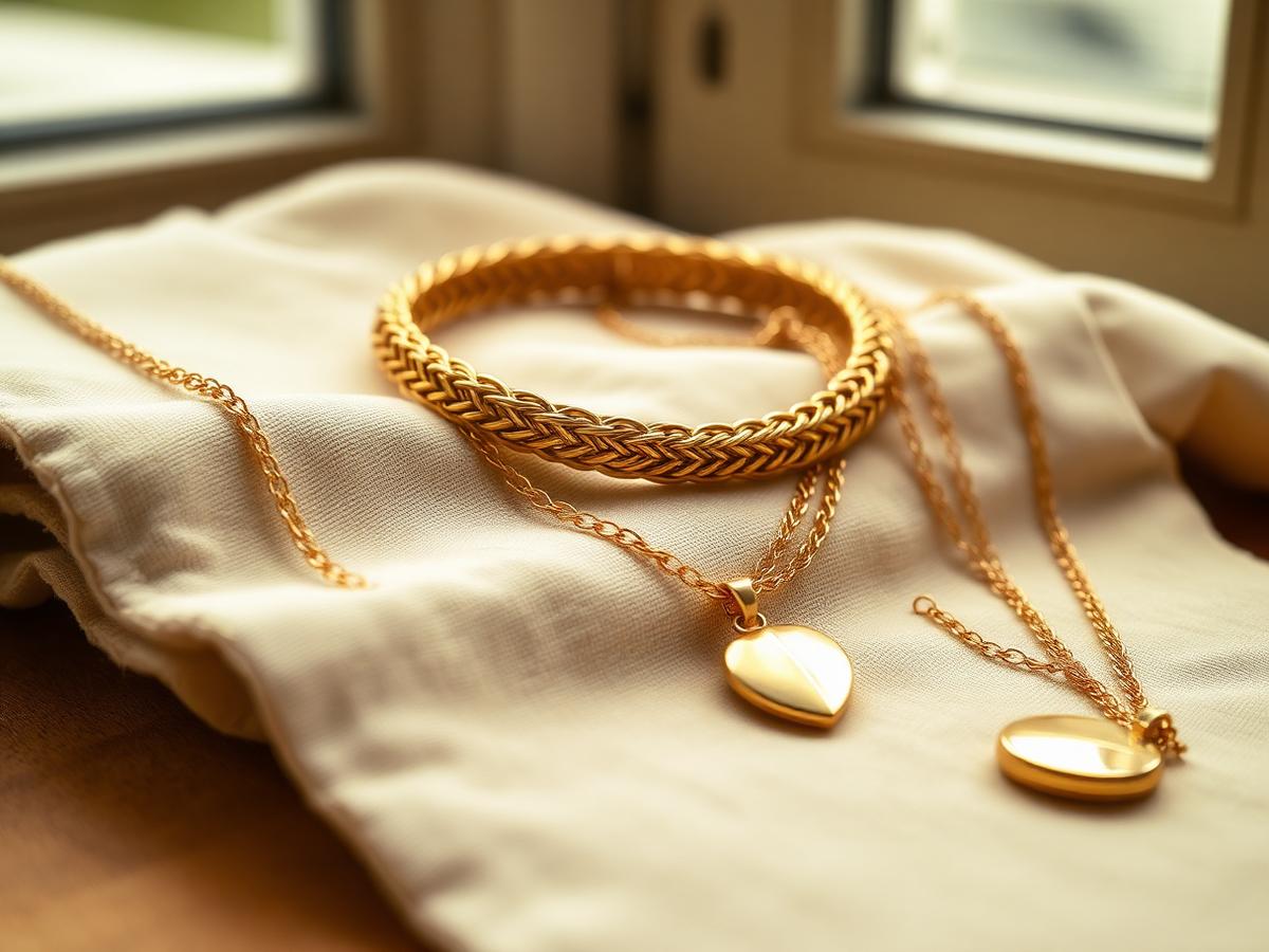 Vintage yellow gold chains, a woven collar and a gold locket on cream linen