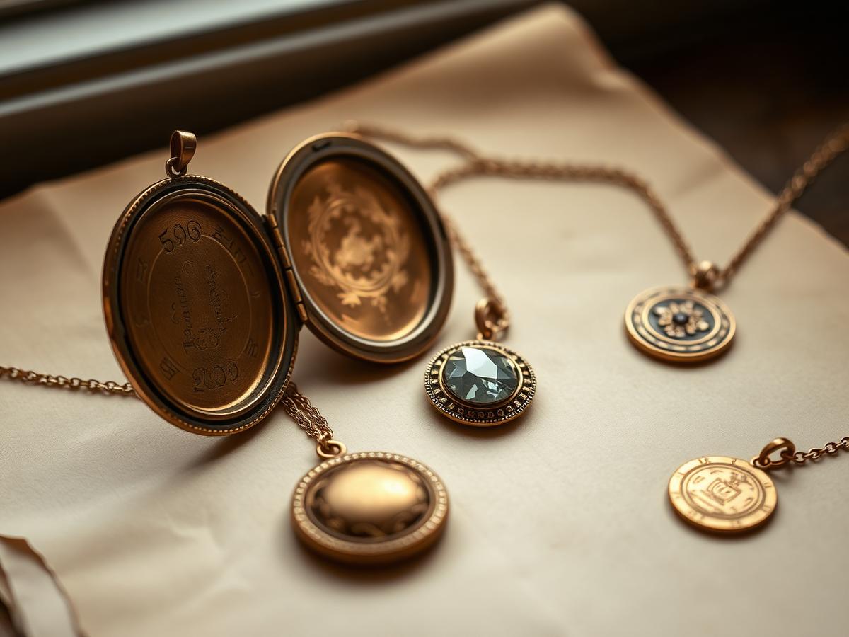 An open engraved Victorian locket, a gemstone pendant and gold medallions on aged paper