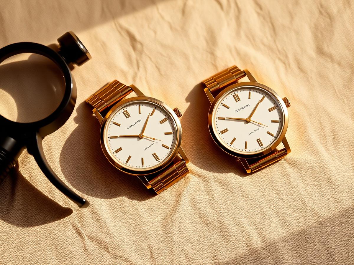 Two vintage gold dress watches on cream linen beside a watchmaker's loupe