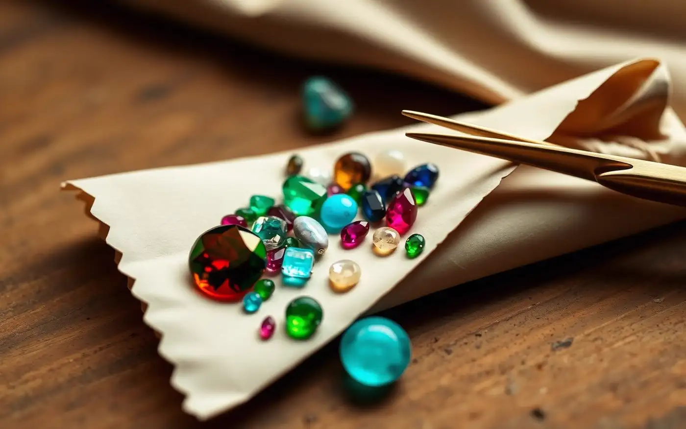 Loose colored gemstones including sapphire, emerald, opal and garnet on a paper parcel