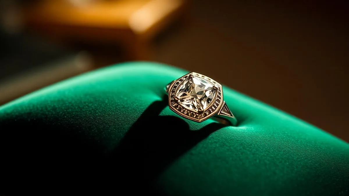 Art Deco platinum and diamond ring with geometric shoulders on green velvet