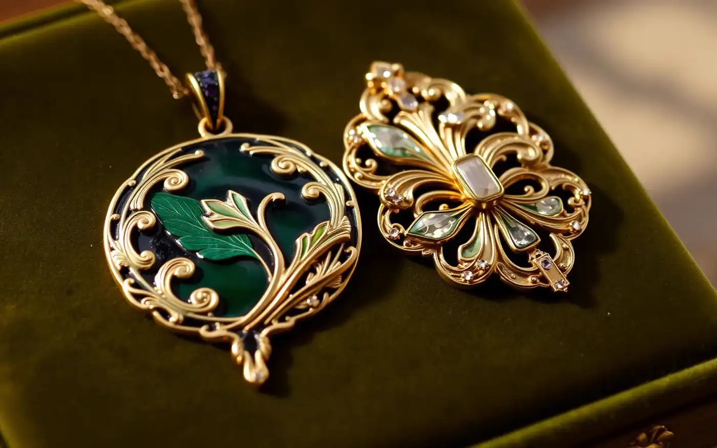 Art Nouveau enamel pendant with plant motifs beside a mid-century gold brooch on olive velvet