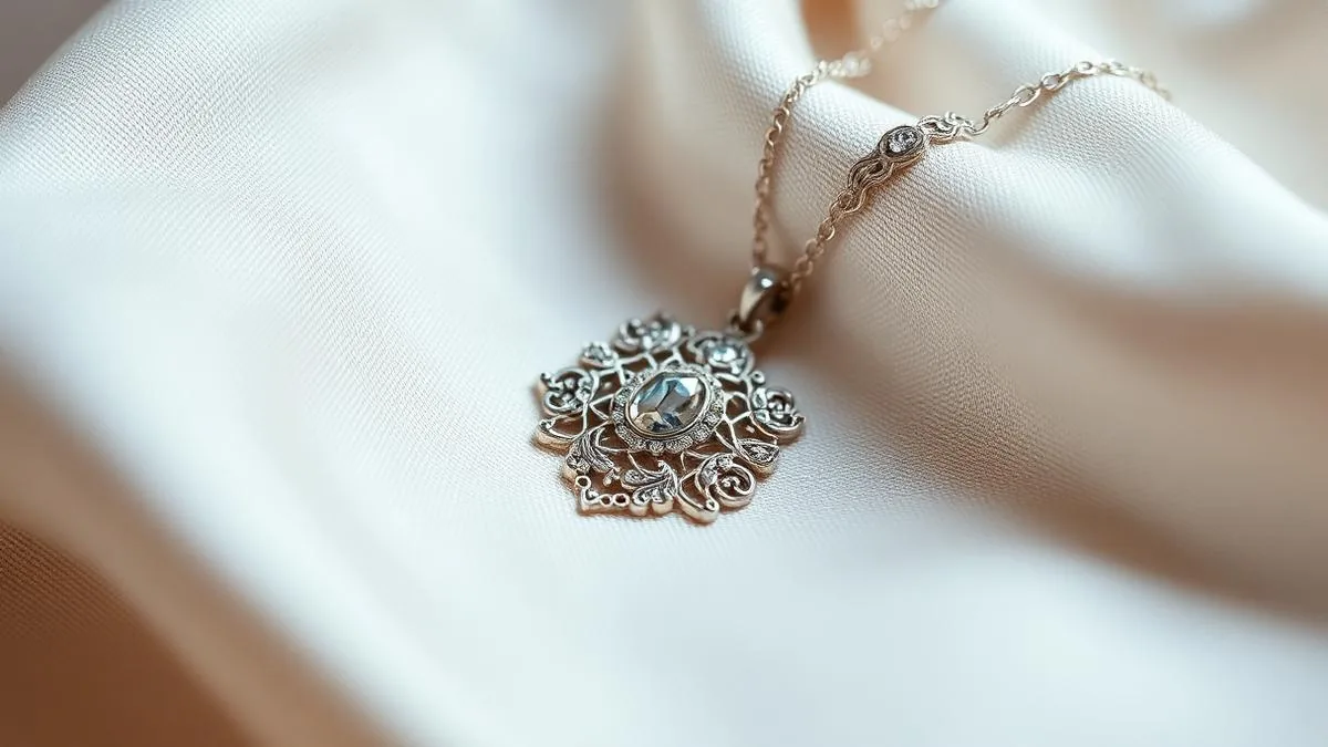 Edwardian platinum filigree pendant with milgrain detail on pale silk
