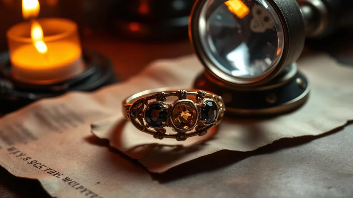 Georgian hand wrought gold ring with foiled rose cut stones beside a loupe