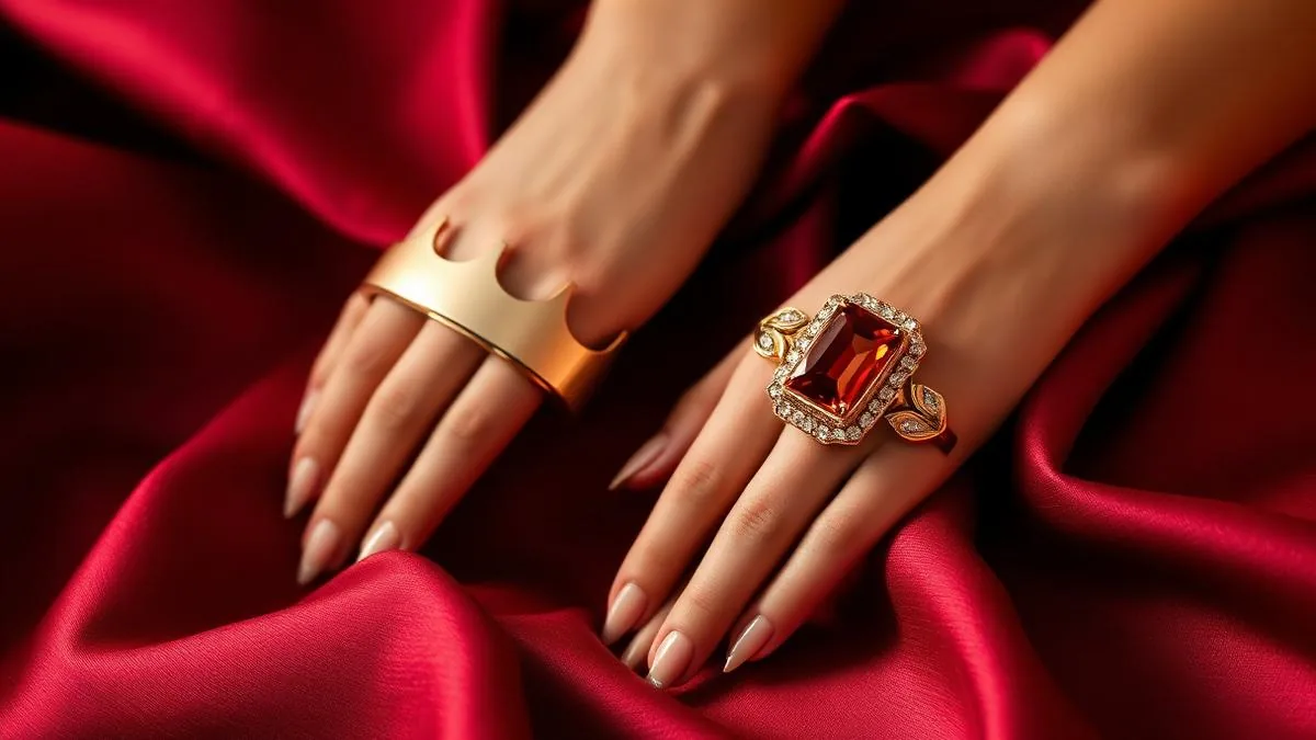 Retro 1950s rose gold cuff bracelet and cocktail ring on burgundy silk