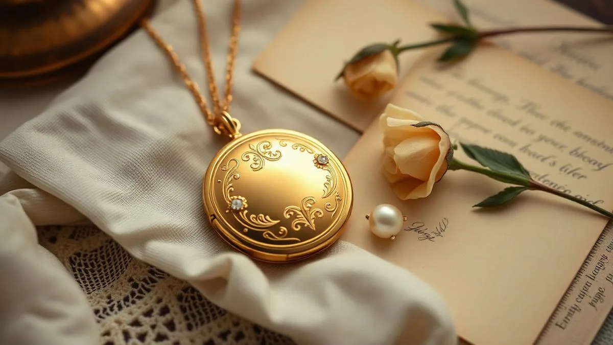 Victorian yellow gold locket and seed pearls on aged linen with old letters
