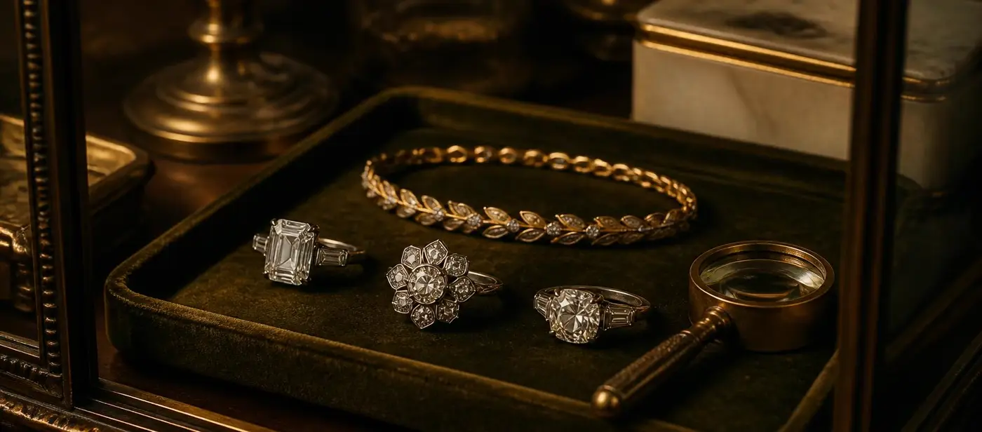 Antique diamond and platinum rings and a signed gold bracelet on a dark olive velvet tray in a lamplit vitrine