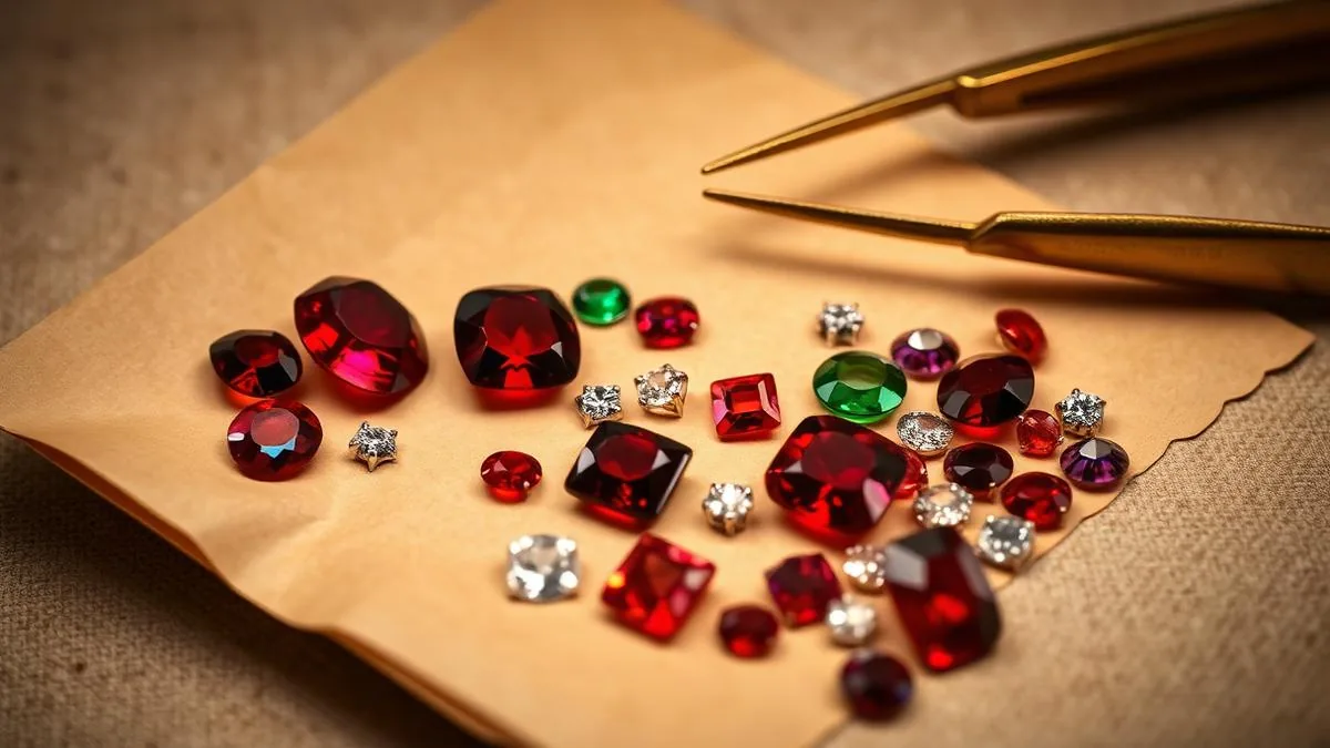Loose antique cut garnet, emerald, sapphire and diamond stones on a paper parcel