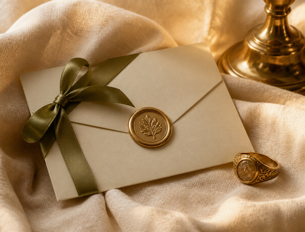 Cream gift card envelope with a wax seal and olive ribbon beside a gold vintage ring