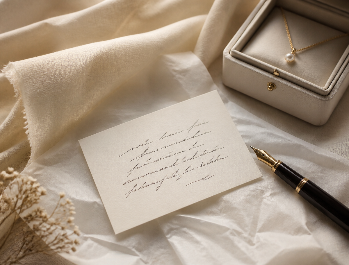 Handwritten gift card in ink beside a fountain pen and an open jewelry box