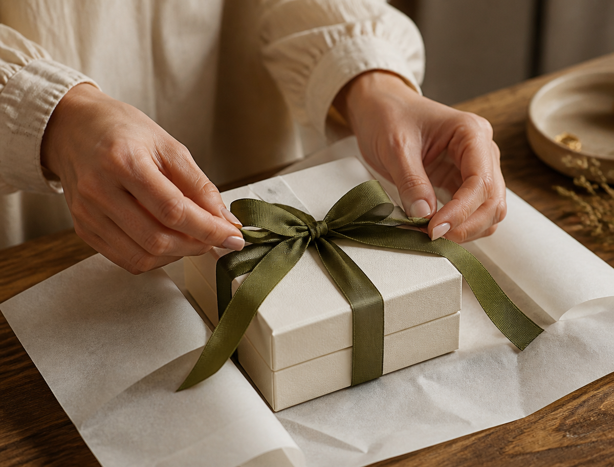 Cream jewelry box being wrapped with hand tied olive silk ribbon and tissue paper