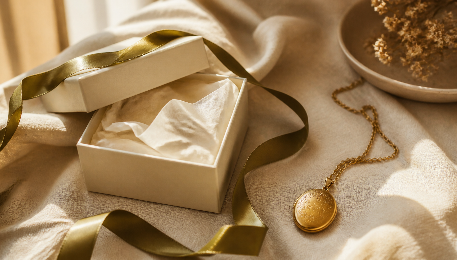 Open cream jewelry gift box with olive silk ribbon, tissue paper and an antique gold locket on cream linen