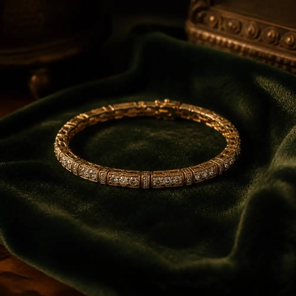 Signed gold and diamond jewelry from great houses arranged on a warm cream surface