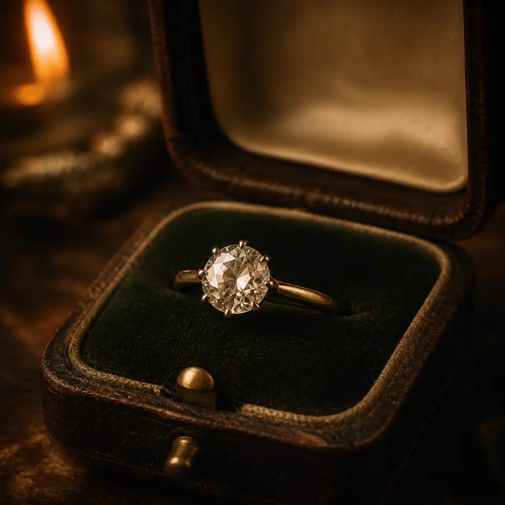 Antique old european cut diamond solitaire in an aged velvet ring box by candlelight