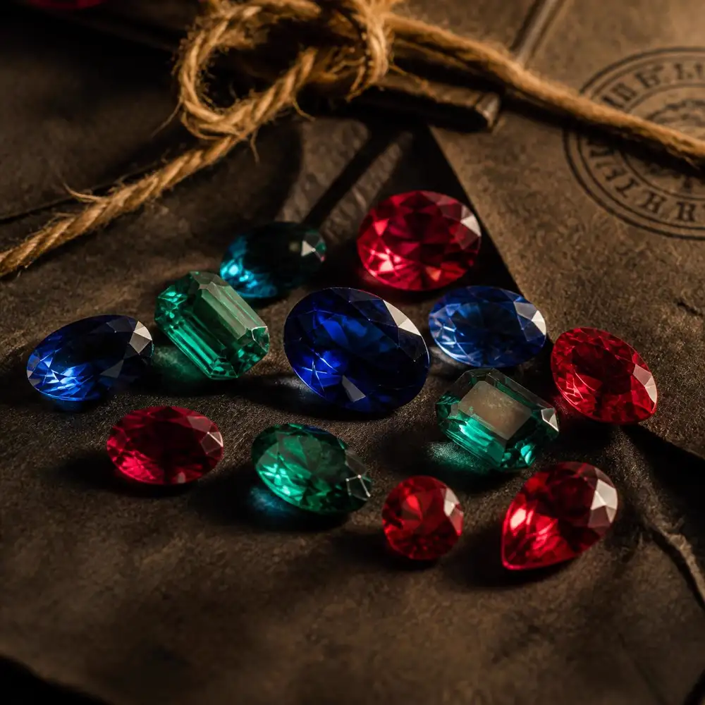 Loose sapphire, emerald and ruby coloured gemstones catching warm light