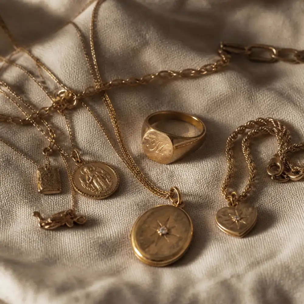 Everyday vintage gold chains, charms, lockets and a signet ring on cream linen