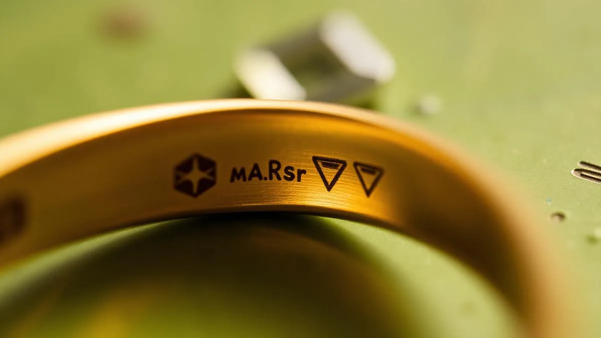 Macro view of stamped hallmarks inside the shank of an antique gold ring