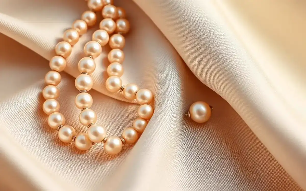 Strand of vintage pearls and a pearl ring resting on cream silk