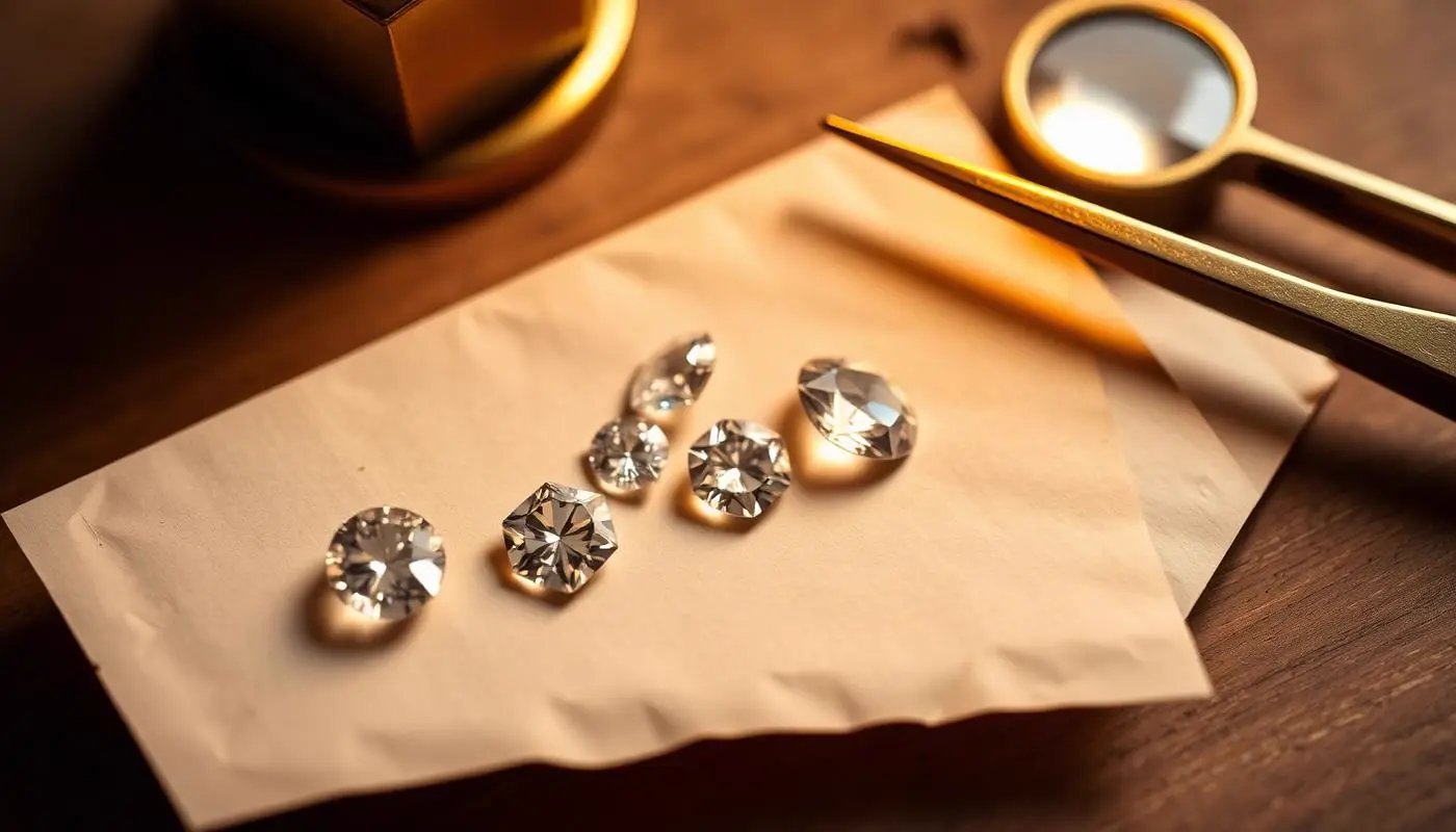 Loose old mine, old European and rose cut diamonds on a paper stone parcel beside a brass loupe and tweezers