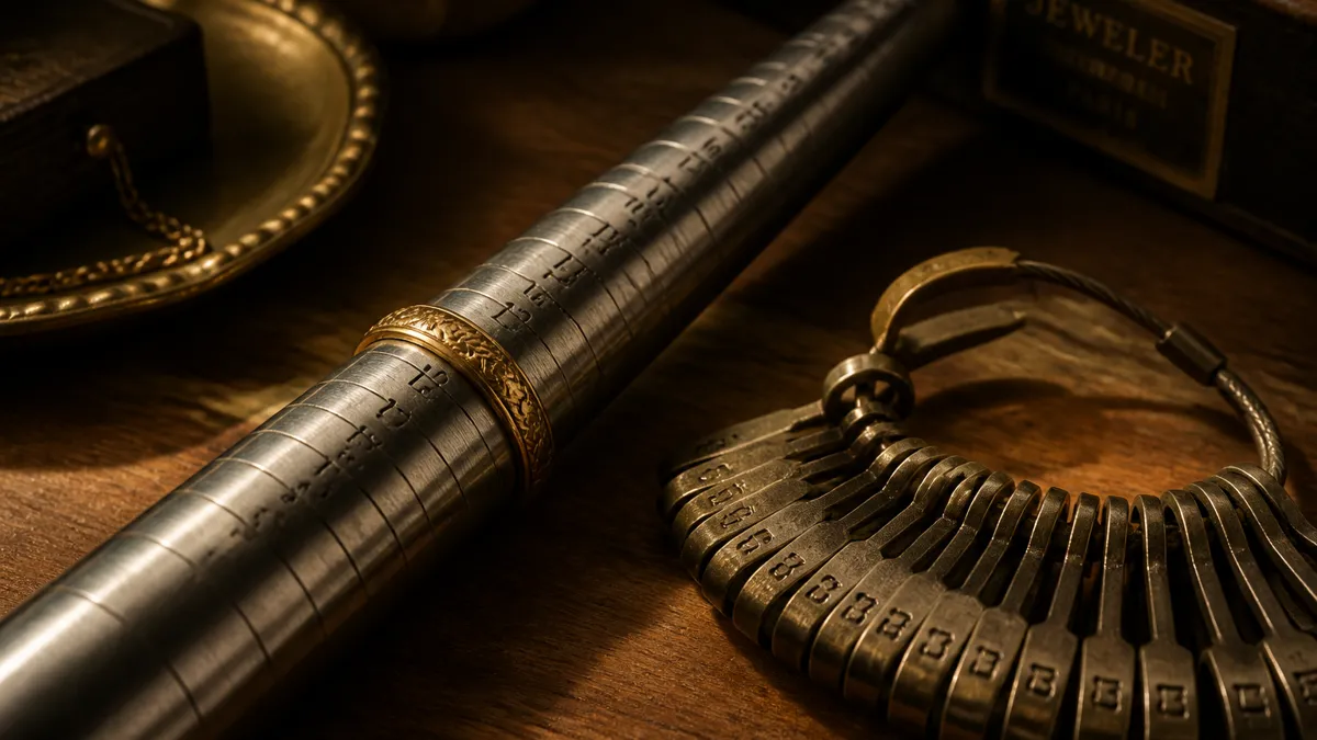 Steel ring mandrel with size markings, a gold ring and a fan of ring sizer gauge bands on a wooden counter