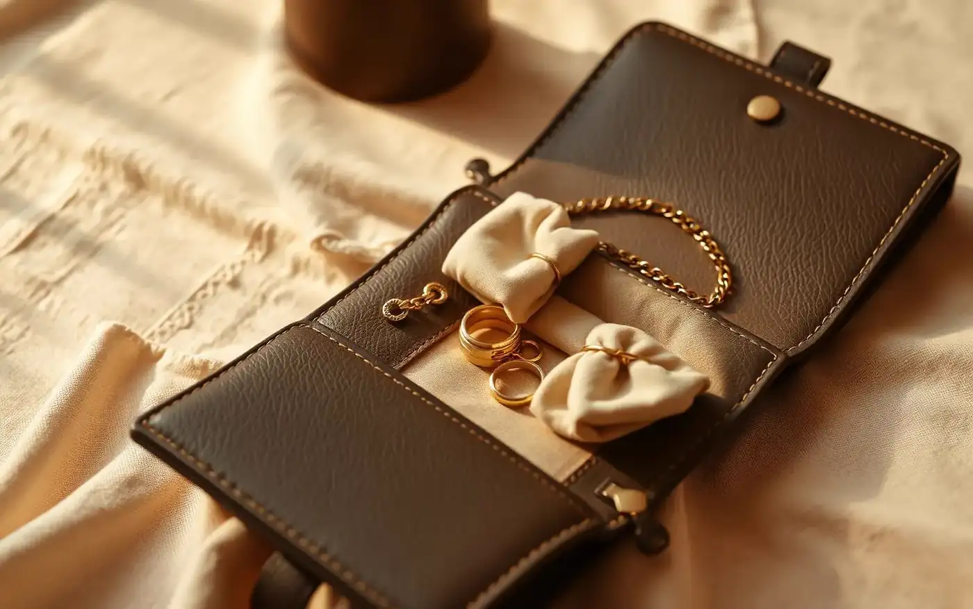Leather jewelry travel roll with soft pouches, a gold chain and rings