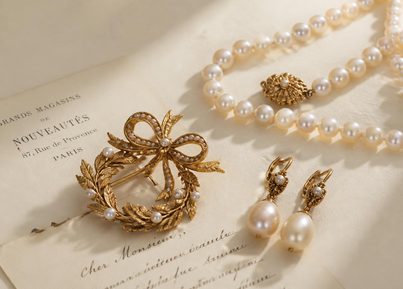 Antique gold brooch, pearl necklace and vintage earrings on old letters