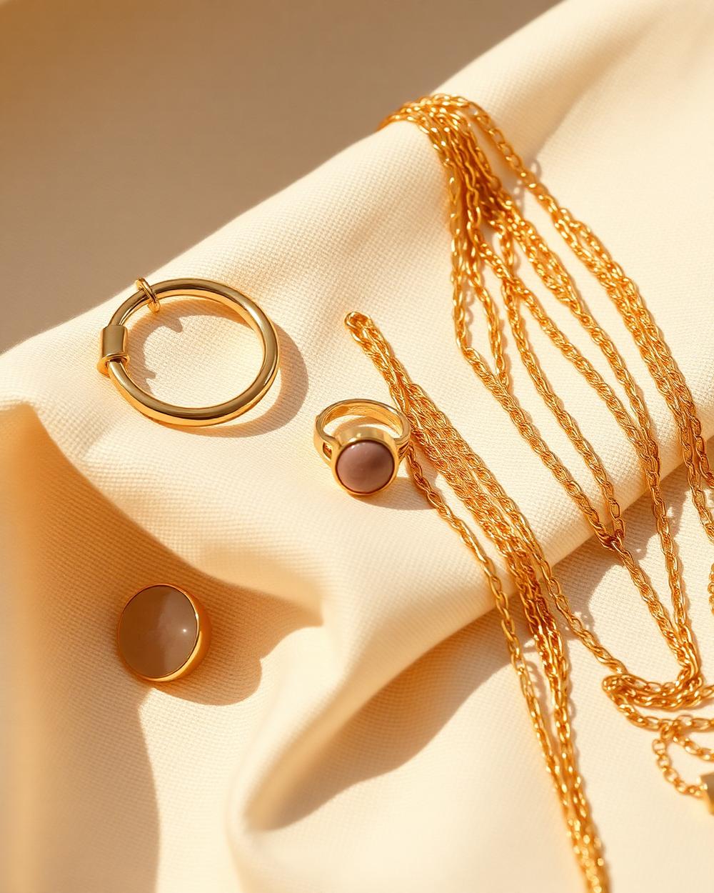 Vintage gold hoop earrings, a signet ring and layered fine gold chains on cream linen