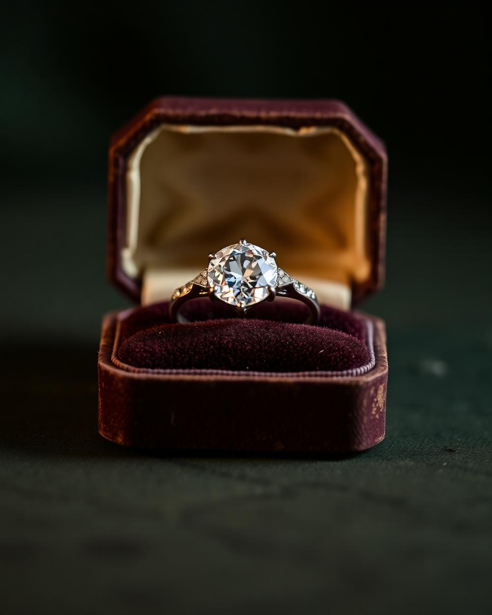 An Art Deco platinum diamond ring in an aged velvet ring box under low warm light