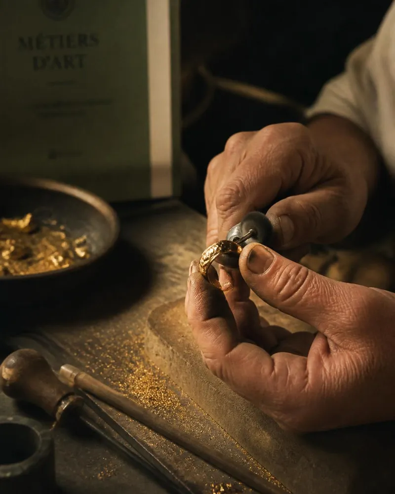 A goldsmith finishing a newly handcrafted gold ring at the bench