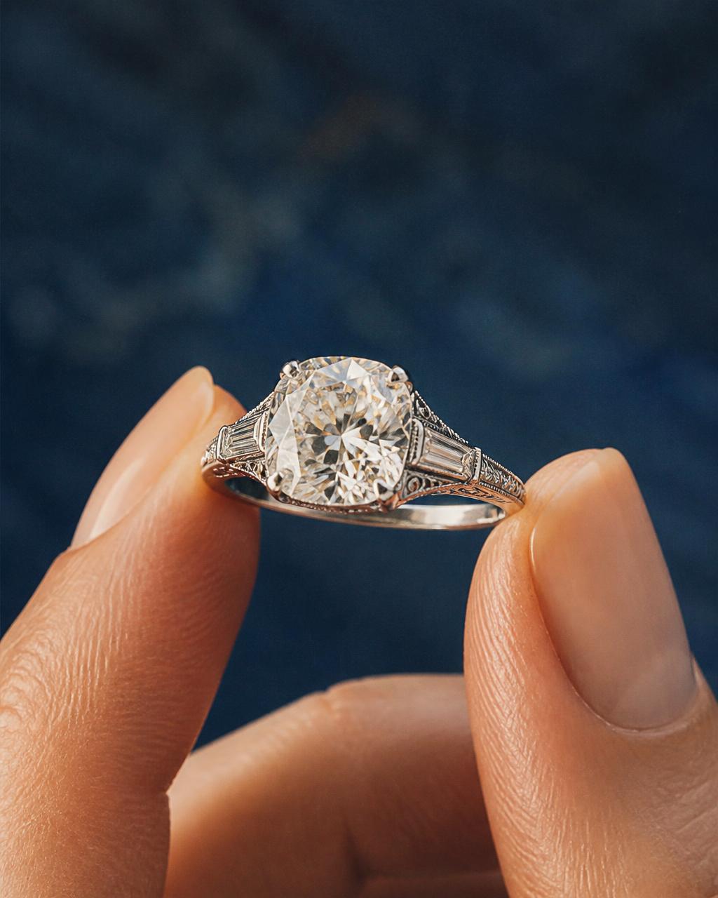 An antique diamond engagement ring held against a deep blue backdrop