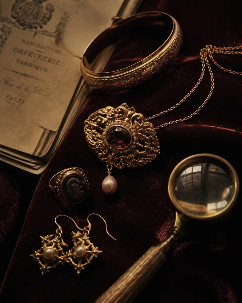Antique gold jewelry laid out on deep velvet with a loupe and old papers