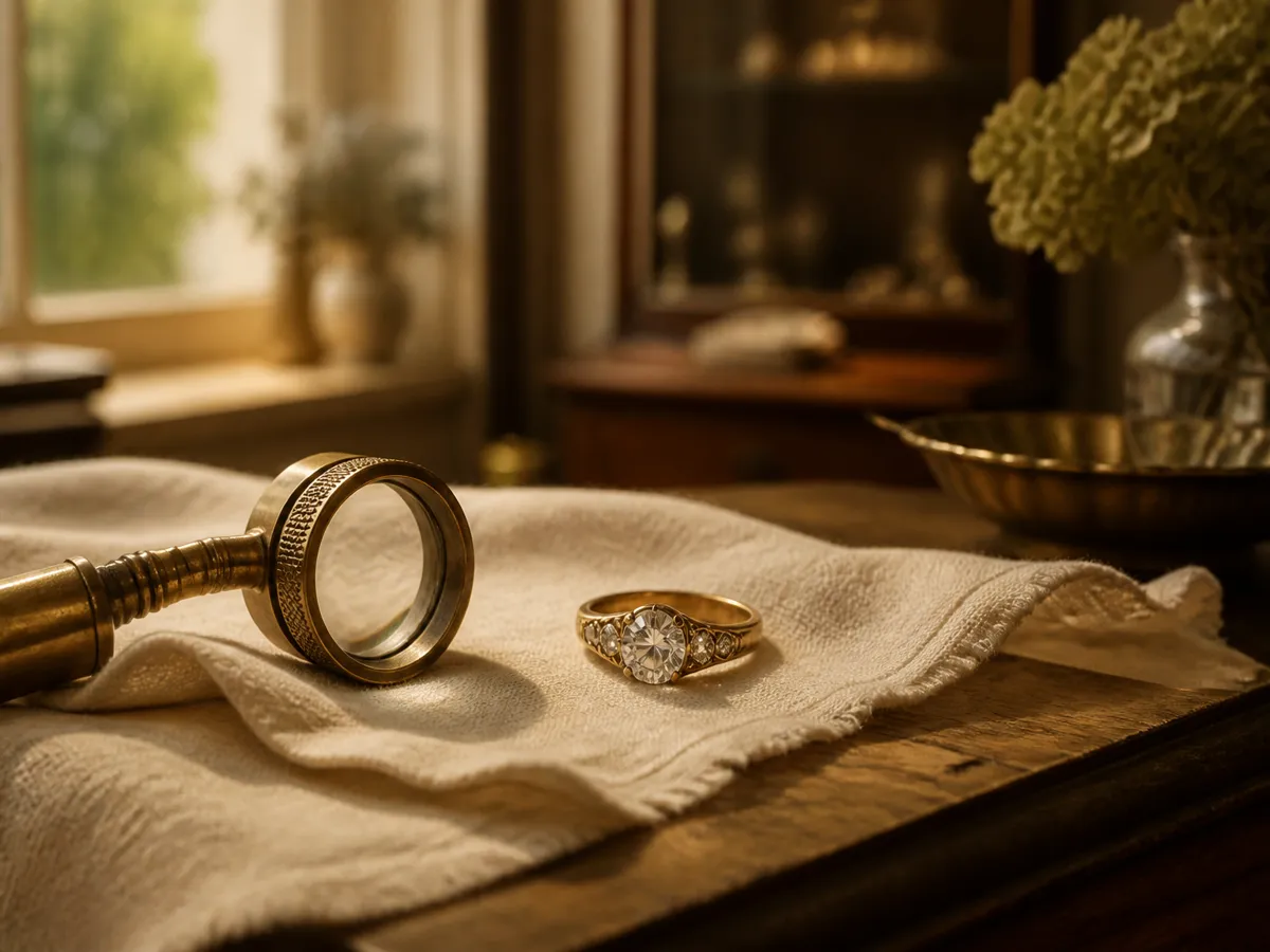 Antique gold diamond ring and a brass loupe on cream linen in warm window daylight