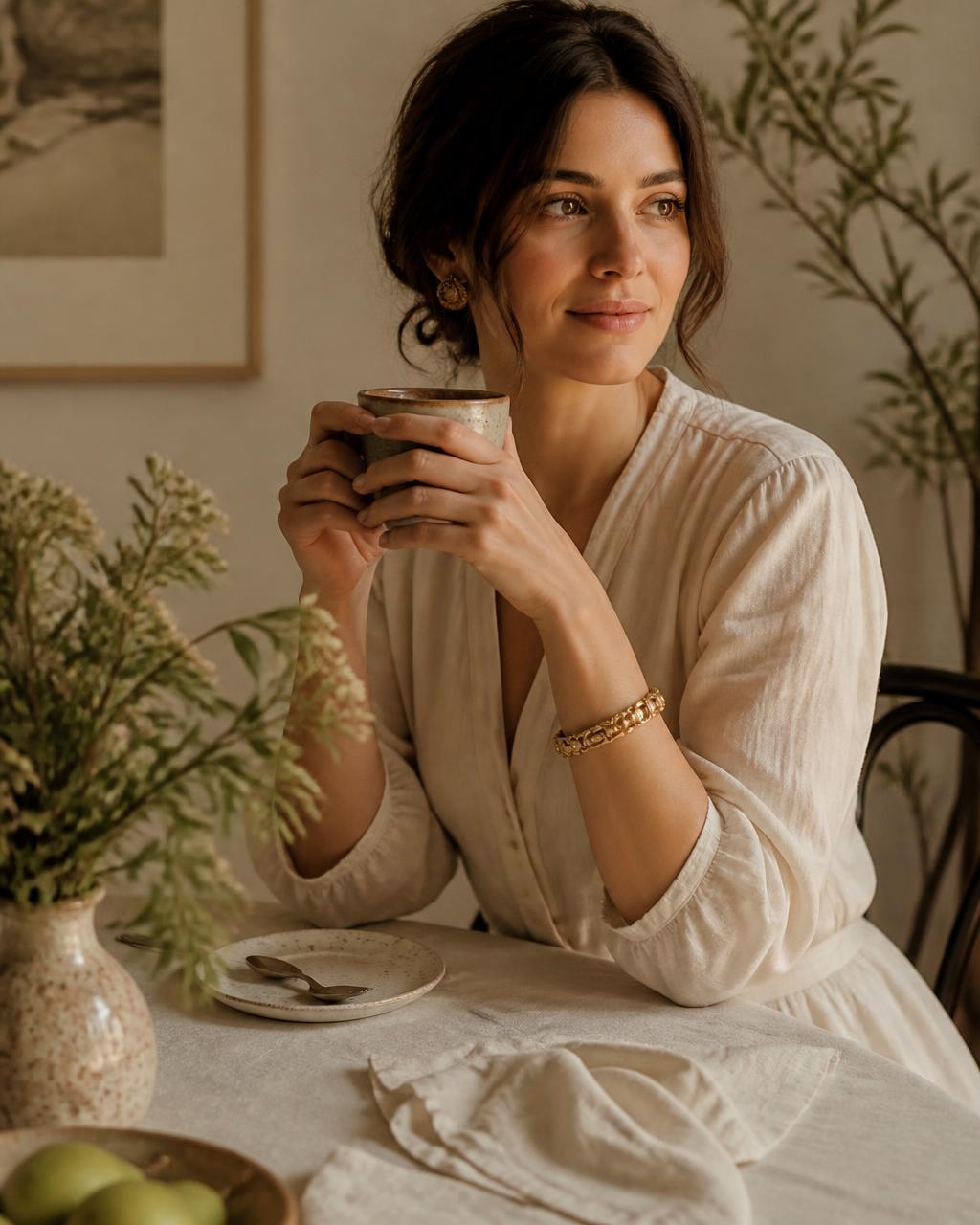 A woman at a table holding a cup, a vintage gold bracelet at her wrist
