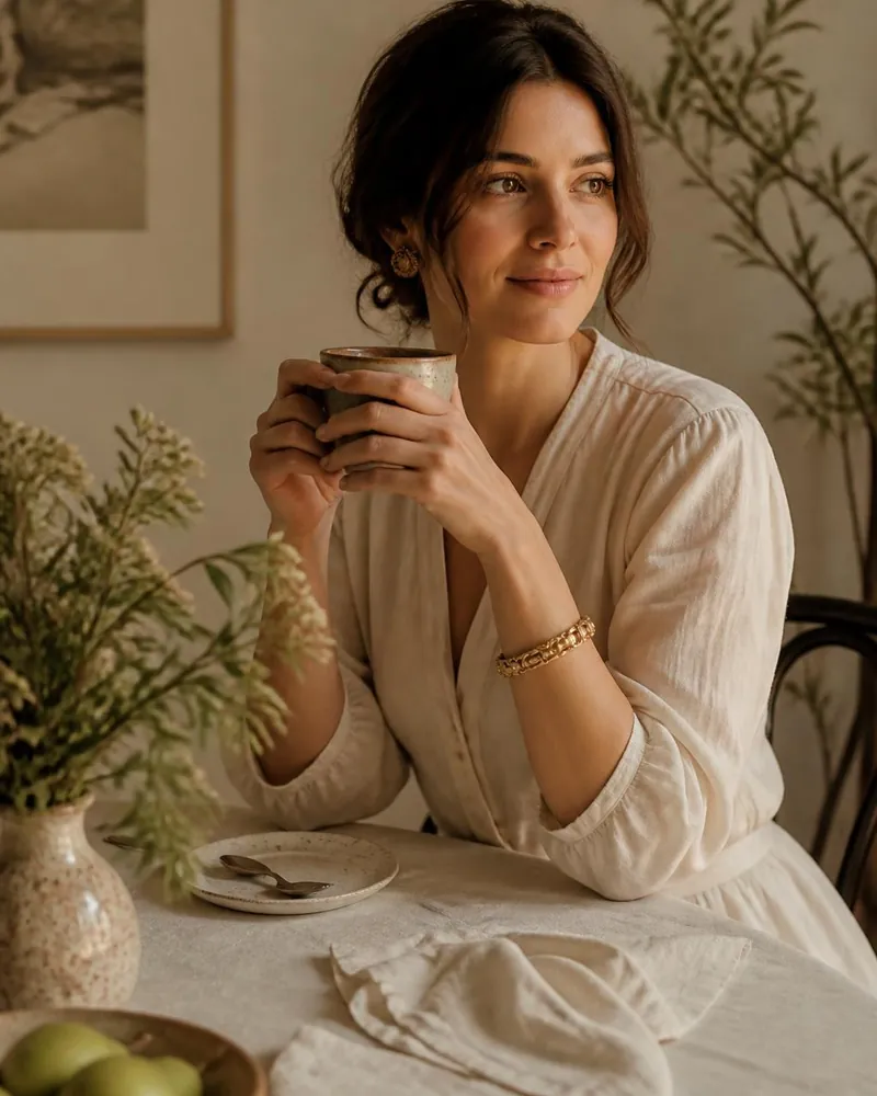 A woman at a table holding a cup, a vintage gold bracelet at her wrist
